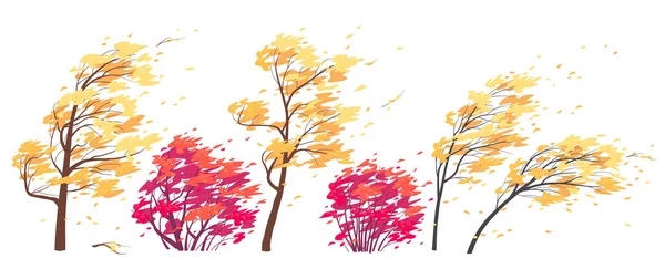 Set Trees Bushes Yellow Red Leaves Isolated White Autumn Season — Stock Vector