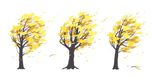 Set Old Trees Dark Trunks Yellow Leaves Isolated White Autumn — Stock Vector