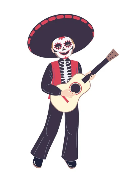 스켈레톤 멕시코 의상을 빛나는 스켈턴 캐릭터가 기타를 연주하는 의상을 만화에 — 스톡 벡터