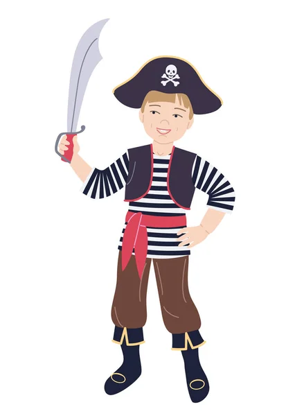 Smiling Boy Dressed Pirate Costume Isolated White Sea Robber Costume — Stock Vector