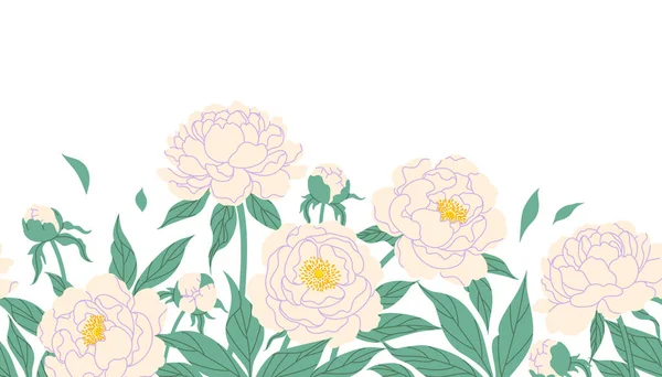 空白の背景に白い牡丹とシームレスな水平境界線 列にカラフルな開花庭の花 薄牡丹や緑の葉を持つ花模様 夏の植物ベクトルフラットイラスト — ストックベクタ
