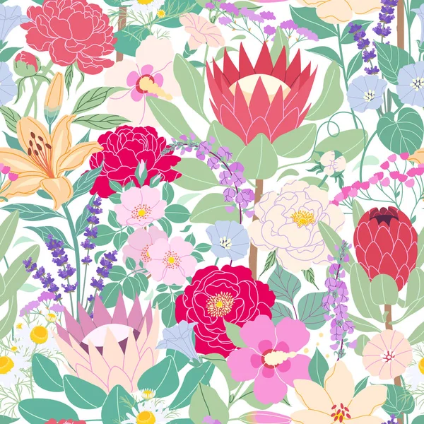 Nahtloses Muster Mit Blühenden Gartenblumen Farbenfroher Moderner Botanischer Druck Endloser — Stockvektor