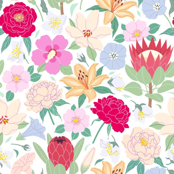 Motif Sans Couture Avec Des Fleurs Jardin Fleurs Sur Blanc — Image vectorielle