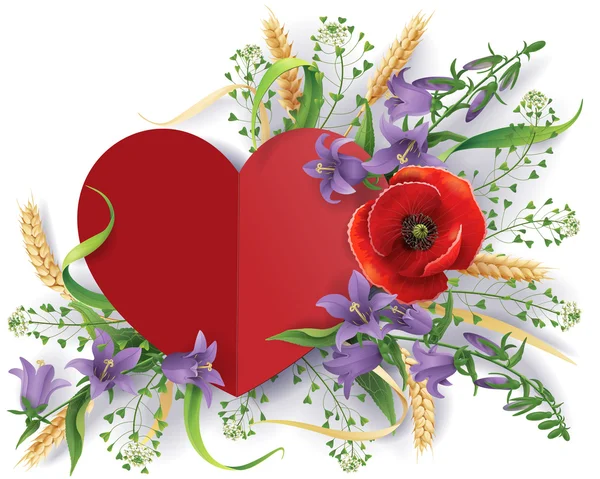Paper heart and wild flowers — Stock Vector