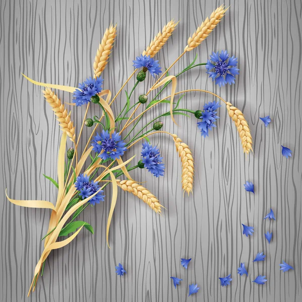 Cornflowers and wheat ears bunch on wood background — Stock Vector