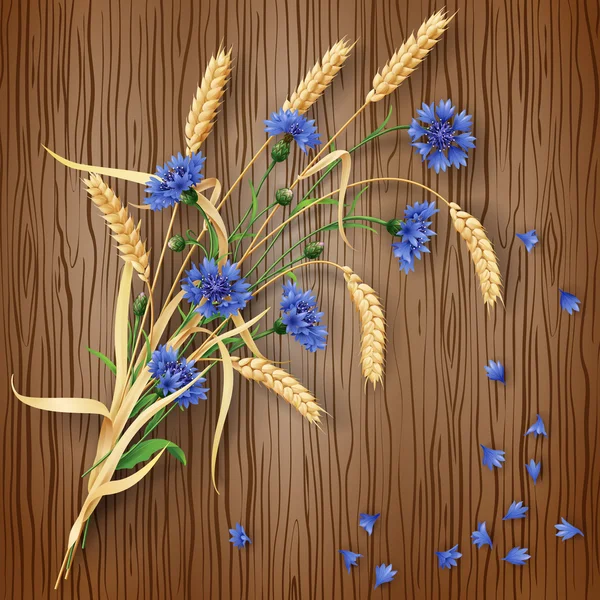 Flores de maíz y espigas de trigo sobre fondo de madera — Vector de stock