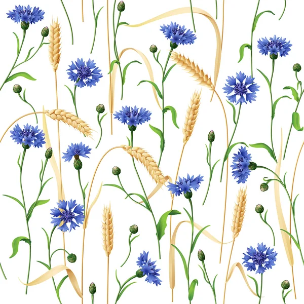 Cornflowers and Wheat Ears Pattern — Stock Vector