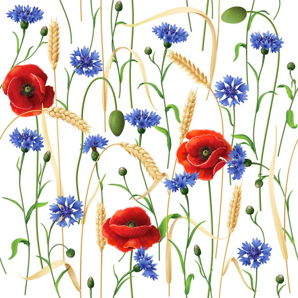 Кукурудзяні квіти, маки та вуха пшениці Візерунок — стоковий вектор