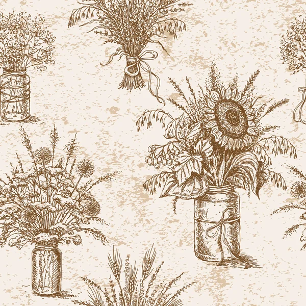 Patroon met boeketten van bloemen, granen en gedroogde kruiden In rustieke stijl — Stockvector