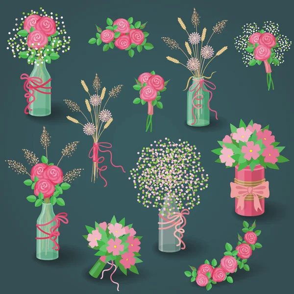 Conjunto de Flores Rosa, Ramos y Elementos Florales — Archivo Imágenes Vectoriales