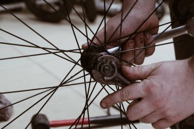 A mechanic repairs a bicycle wheel. The adjustment is great for operation. Spoked wheel with inflated tires. Bicycle repair workshop.