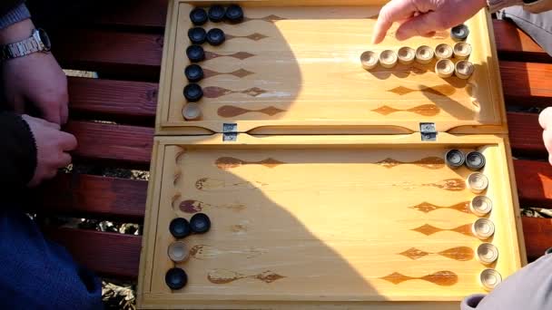 Ein Mann Spielt Ein Brettspiel Backgammon Ruhe Park Auf Der — Stockvideo