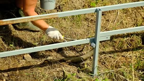 在花园里画篱笆 一个女孩正在用一种特殊的防锈油漆在画一个金属栅栏 俄罗斯 — 图库视频影像