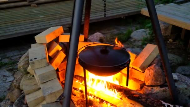 Lagerfeuer Kochen Großer Gusseiserner Kessel Auf Einem Ständer Die Flamme — Stockvideo