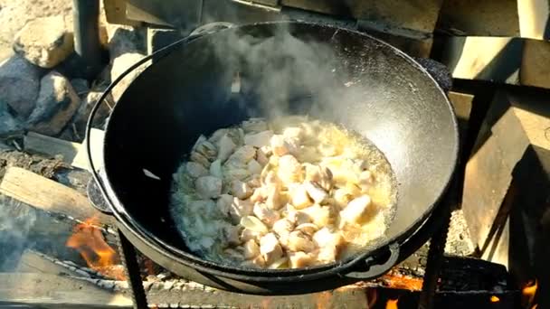 ウズベク料理を調理する ピラフ スタンドに鉄の釜をキャストします 薪を燃やせ Plovazirvakの基礎 肉からZirvak 玉ねぎ ニンジン クミン ウコン — ストック動画