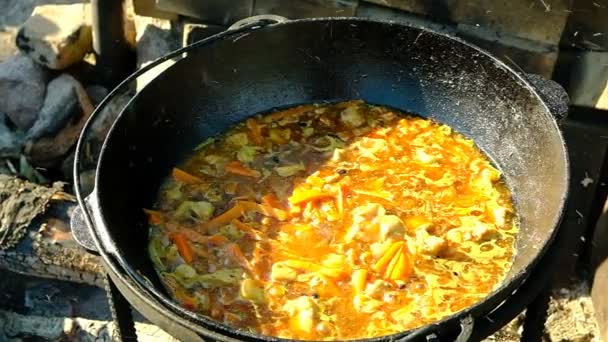 Matlagning Den Uzbekiska Nationalrätten Pilaf Gjutjärnsgryta Ett Stativ Eld Från — Stockvideo