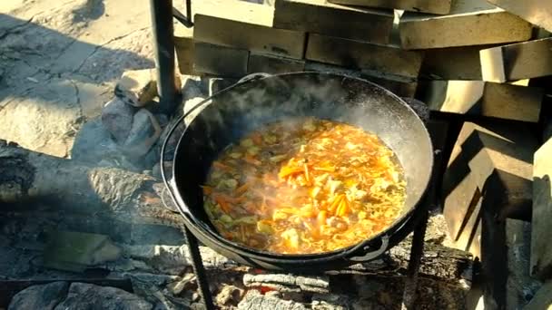 ウズベク料理を調理する ピラフ スタンドに鉄の釜をキャストします 薪を燃やせ Plovazirvakの基礎 肉からZirvak 玉ねぎ ニンジン クミン ウコン — ストック動画