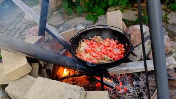 Cooking Chakhokhbili Georgian Dish Cauldron Open Fire Wood Fire Fireplace — Stock Video