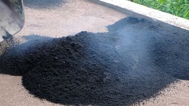 Workers Laying Hot Asphalt Black Asphalt Crumbs Heap Material Smokes — Stock Video
