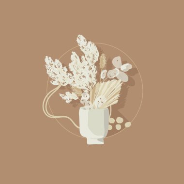 Kurumuş Sun Fan Palmiyeleri. Küçük Pampas Çimi ve Beyaz Deve Buketi. Beyaz vazoda bohem krema çiçekleri. Kuru ortanca. Kurumuş çiçek demetleri, BLUSH kuru korunmuş. Kurutulmuş lagurular.