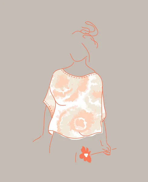 パステルカラーのネクタイ染料の服 絞り染めで生地を染色 一本の線画の少女 夏のファッション 女性の手の中の花 — ストックベクタ