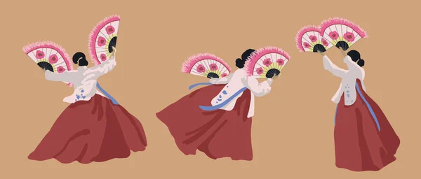 Koreansk Nationalfläkt Dans Sydkoreas Nationalklänning Hanbok Asiatisk Kultur Fläkt Med — Stock vektor