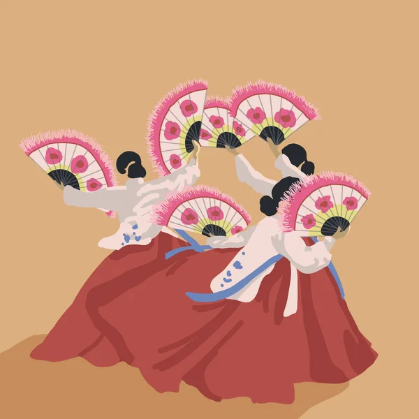 Kore Ulusal Hayran Dansı. Güney Kore 'nin ulusal elbisesi, Hanbok. Asya kültürü. Tüylü yelpaze