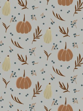 Balkabağı günü. Sonbahar hasadı. Böğürtlen ve kuru yapraklar. Sonbahar sebzelerinin vektör deseni. Balkabağı çiftliği. Amerikan tatili. Cadılar Bayramı duvar kağıdı