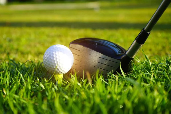 Golfklubb Och Golfboll Gräsplan Med Solnedgång Golf Boll Nära Håll — Stockfoto