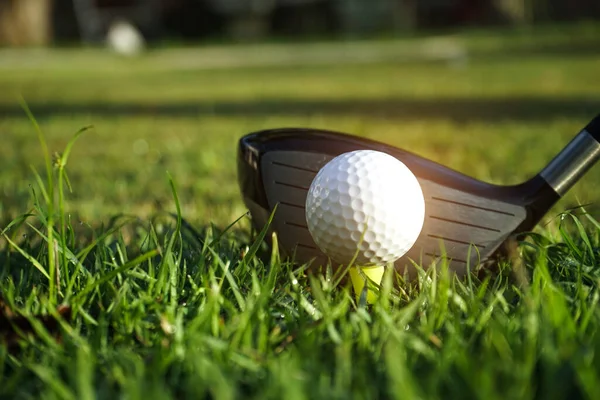 Golfclub Golfbal Close Grasveld Met Zonsondergang Golfbal Close Golfcoures Bij — Stockfoto