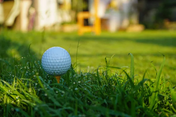 Nær Golfballen Tee Golfball Tee Vakker Golfbane Med Solskinn Morgenen – stockfoto