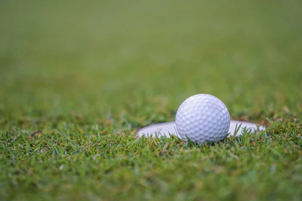 The ball at the hole on the golf course. Golf ball putting on green grass near hole golf to win in game at golf course with blur background.