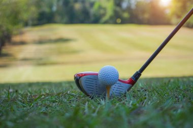 Golf sopası ve golf topu gün batımında çimenlik alanda kapanıyor. Golf topu Tayland 'da golf arabalarıyla yakın mesafede..                               