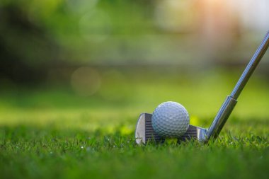 Golf sahasında golf sopalarıyla golf topları ilk kısa devre için hazır. Sabah, güzel güneş ışığıyla..                                    