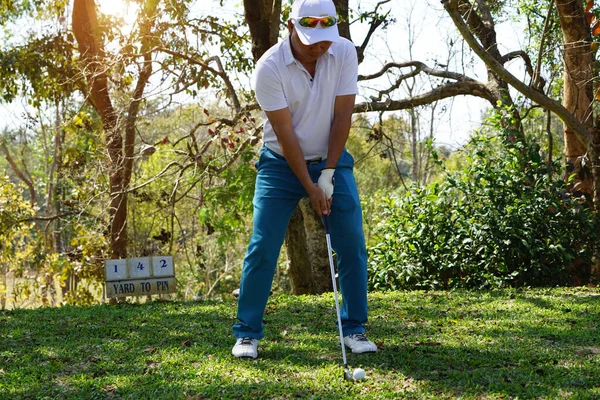 Golfista Estão Jogando Golfe Jogo Bater Fundo Montanha Grama Verde — Fotografia de Stock