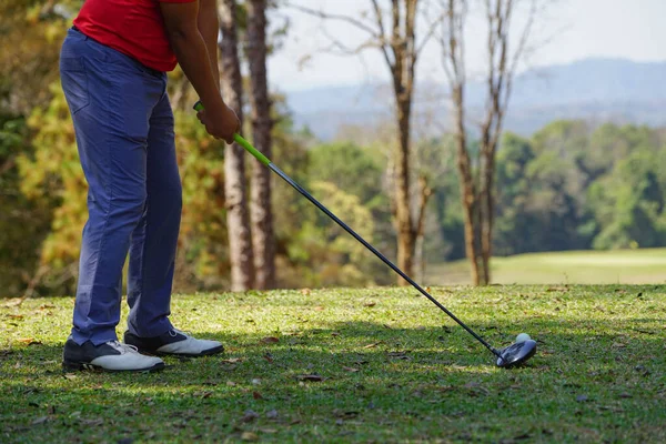 Golfer Hrají Hru Golf Bít Jít Zelené Travnaté Horské Pozadí — Stock fotografie