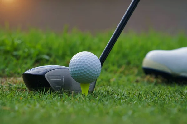 Golf Clube Bola Golfe Tee Close Campo Grama Com Sol — Fotografia de Stock