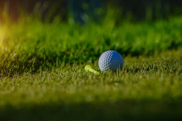 Golfbal Tee Groen Gazon Een Prachtige Golfbaan Met Ochtendzonneschijn Klaar — Stockfoto