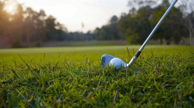 Golf sopaları ve toplar yeşil çimlerde sabah güneşli güzel bir golf sahasında. Yeşil çimlerde golf ekipmanlarını kapatın..