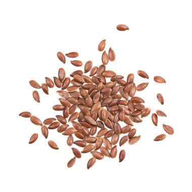 Küçük keten tohumu veya keten tohumu yığını doğrudan yukarıdan görünüyor ve gölgeli beyaz üzerine izole edilmiş.