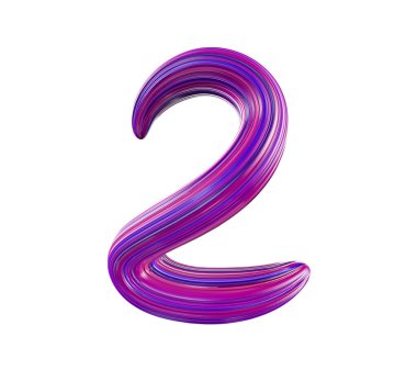 Beyaz arka planda dişlerden yapılmış renkli pembe ve mavi numara 2, izole edilmiş, 3 boyutlu.