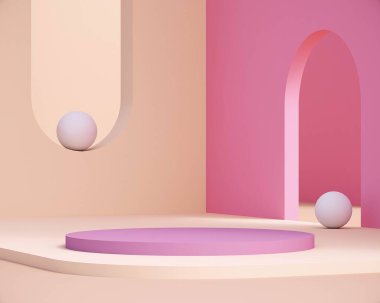 Silindirik podyumlu pembe geometrik şekiller. Soyut pastel renk arkaplanı. Dekoratif unsurlar arka plan. 3d oluşturma. 
