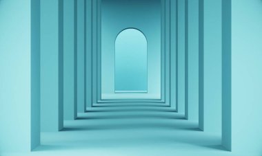 Mavi Geometrik şekiller soyut arkaplan. Tek renkli dekoratif unsurlar arka planda. 3d oluşturma.