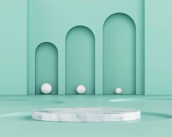 Green geometric shapes with marble cylindrical podium. Abstract pastel color background. Decorative elements backdrop. 3d rendering.