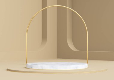 Mermer silindirik podyumlu bej geometrik şekiller. Soyut pastel renk arkaplanı. Dekoratif unsurlar arka plan. 3d oluşturma. 