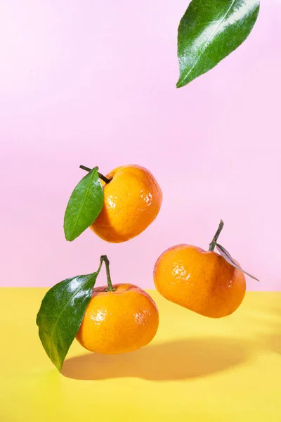 Mandarines Volantes Lévitation Alimentaire Aux Feuilles Vertes Sur Fond Rose — Photo