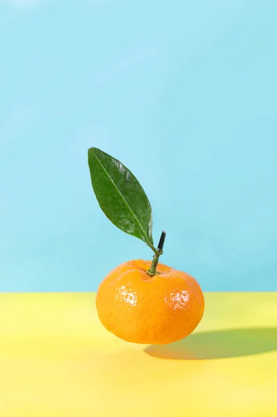 Levitation flying food tangerine with green leaf on yellow and blue background