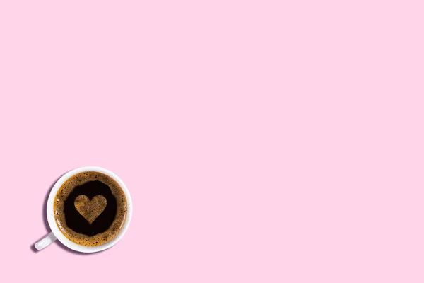 One Cup Espresso Coffee Froth Heart Shape Soft Pink Background — Stock Photo, Image