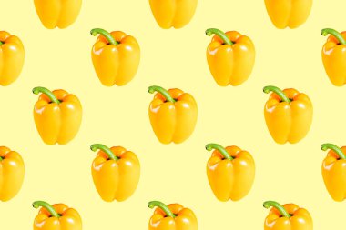 Seamless pattern of whole yellow peppers with a green branch on a light background
