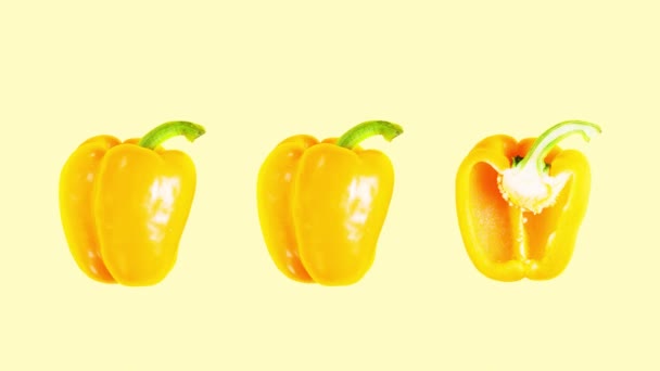 Stop Motion Animation Three Yellow Juicy Bell Peppers Being Cut — Stockvideo